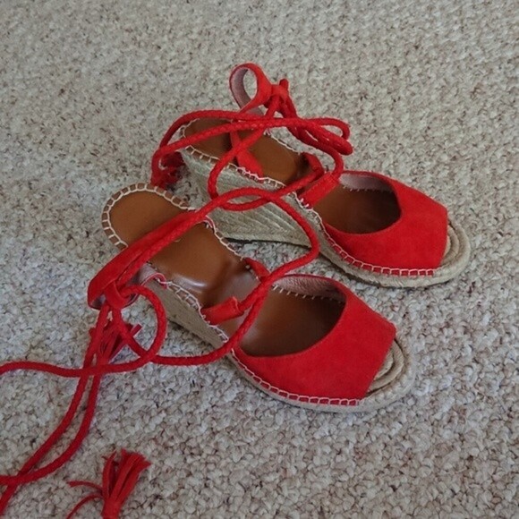 Joie Phyllis Suede Lace-Up Wedge Espadrille Sandal in orange size 37 - Picture 6 of 12